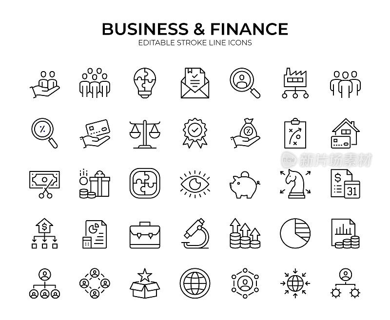 商业财务线图标集-矢量插图的钱，投资和财务概念的专业人士