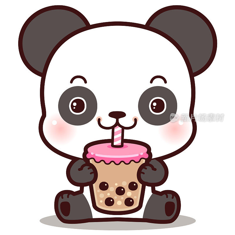 可爱的卡通小熊猫吃珍珠奶茶。