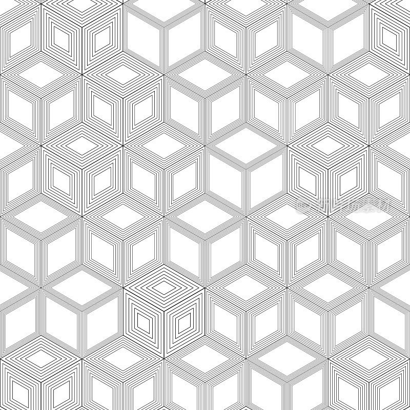 细线各种随机条纹边立方体图案。
