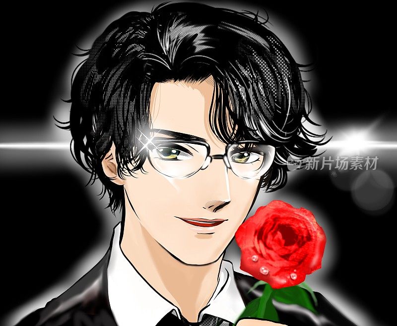 漫画中一位英俊的男子，一头烫过的黑发，戴着眼镜，手持一朵玫瑰，脸上带着微笑，背景为黑色