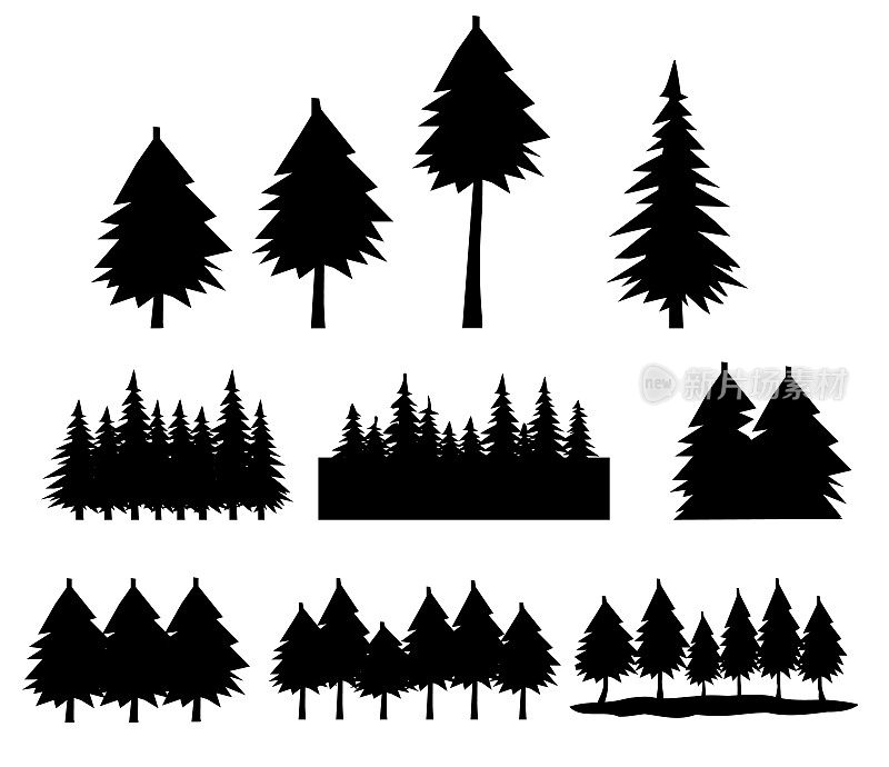 复古树图标。森林的迹象。树木的标志。黑色常绿树林的象征。平的风格。