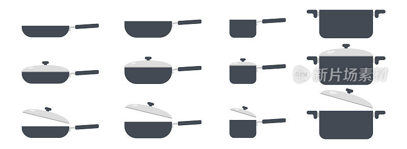 一组烹饪锅图标剪贴画矢量插图。厨房锅或炖锅标志平面矢量设计。带盖子和不带盖子的锅图标。不锈钢锅卡通剪贴画。厨房工具概念