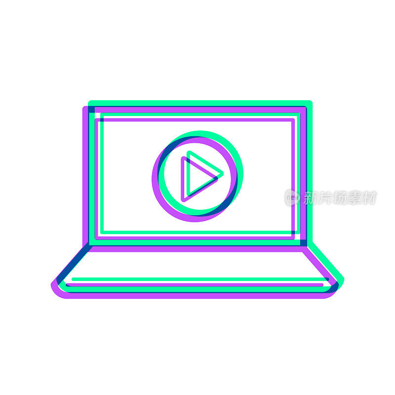 带有播放按钮的笔记本电脑。图标与两种颜色叠加在白色背景上