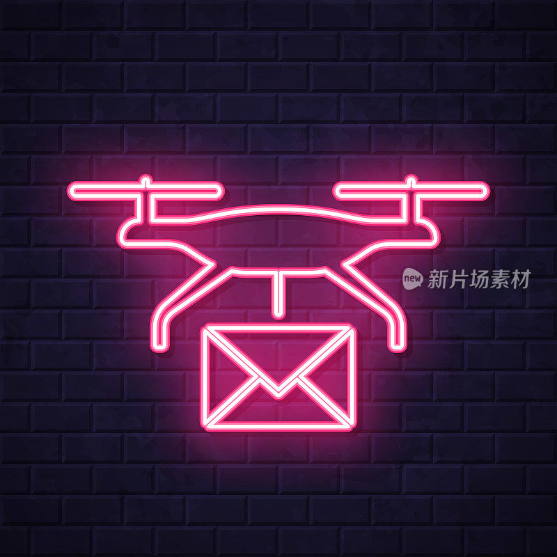 用无人机投递邮件。在砖墙背景上发光的霓虹灯图标