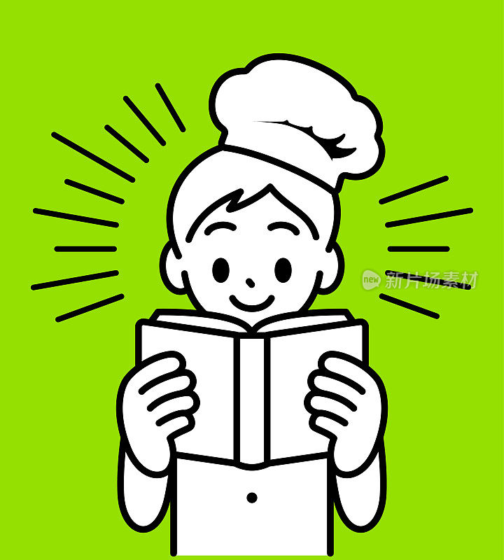 一个小厨师正在开心地读一本食谱，极简风格，黑白轮廓