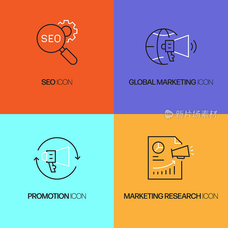 营销相关的矢量线图标。轮廓符号集合