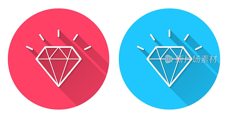 钻石。圆形图标与长阴影在红色或蓝色的背景