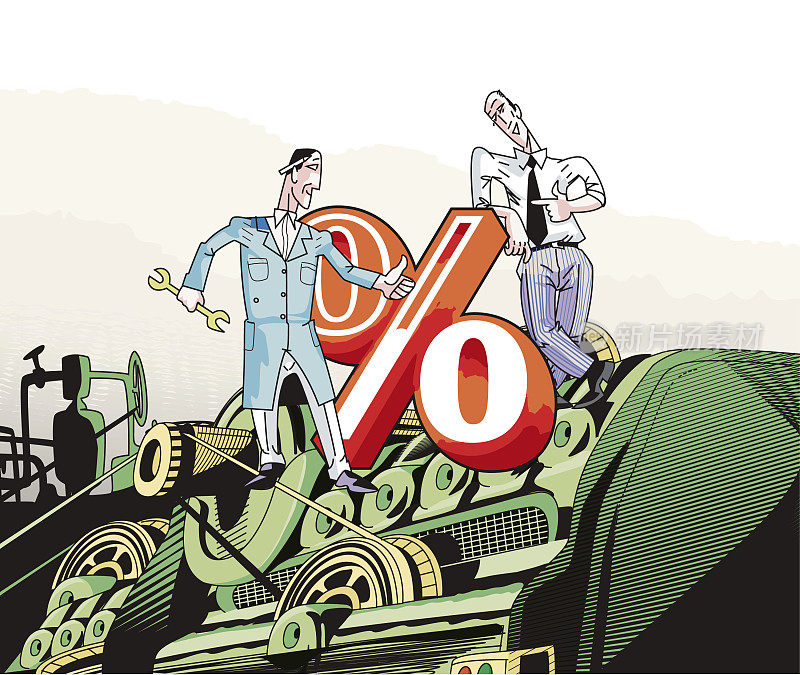 工人,老板和机器上的百分比标志