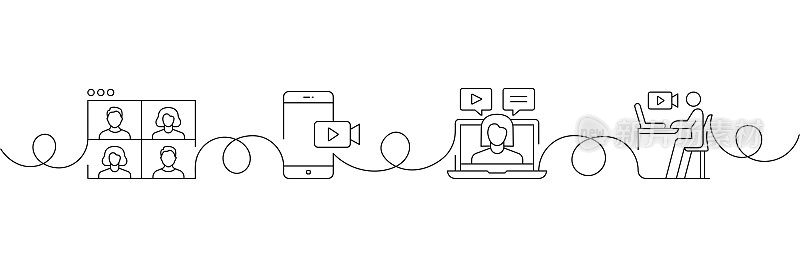 连续一行绘制在线会议图标的概念。单线矢量插图。混合工作，互联网，连接，移动应用。