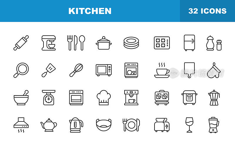 厨房线图标。可编辑的中风。包含这样的图标面团卷，茶壶，水壶，锅，冰箱，盘子，盘子，砧板，厨房秤，烤箱，厨师的帽子，咖啡机，搅拌机，餐具，弓