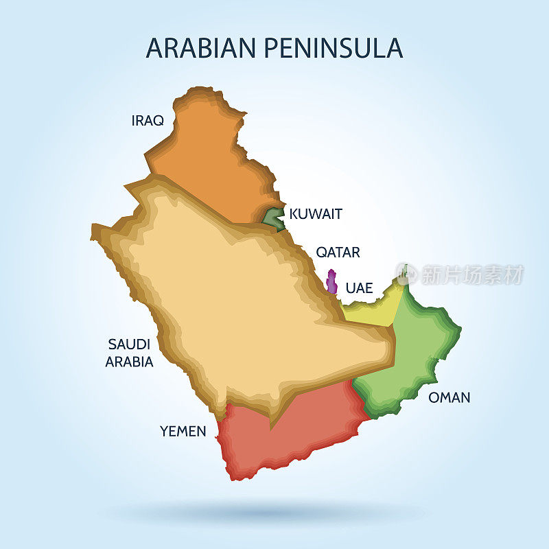 海湾国家新矢量地图。阿拉伯半岛