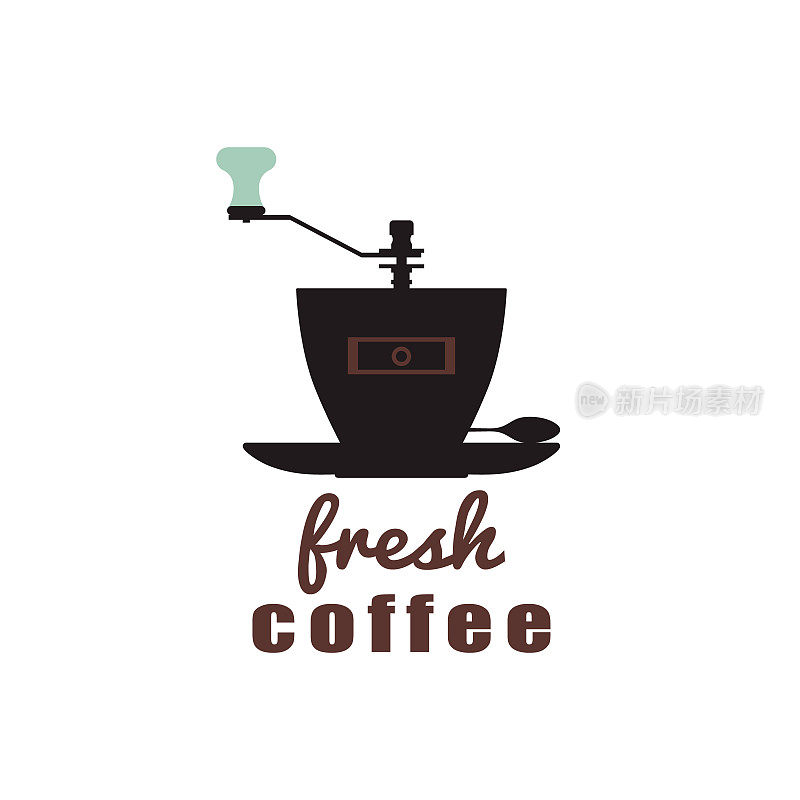 咖啡的概念。一个磨杯机和一个放在碟子上的勺子。原创图标的咖啡馆，咖啡馆，餐厅，商店。矢量插图。