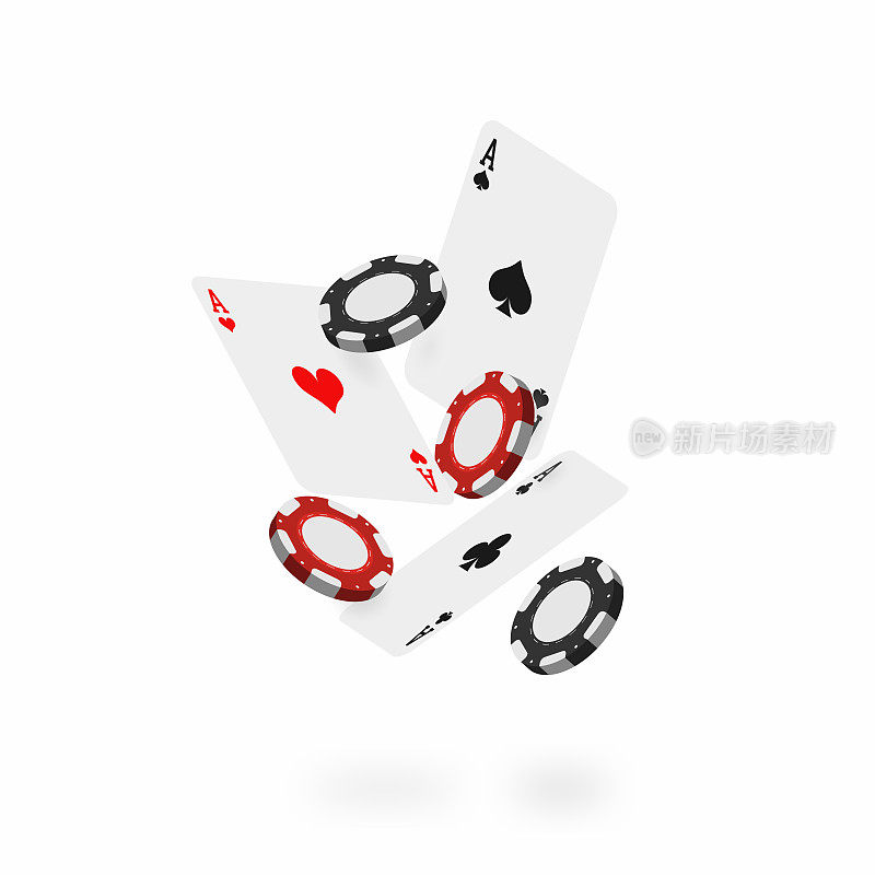 掉落的卡片和筹码。掉落的扑克王牌与真实的赌场筹码隔离在白色的背景