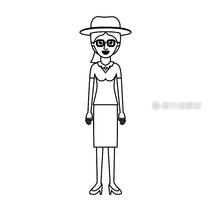 女人戴着帽子和眼镜，衬衫，裙子和高跟鞋，马尾辫在单色剪影