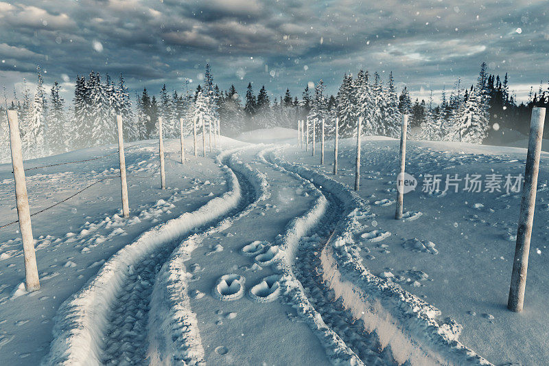 雪景三维渲染与道路和车道