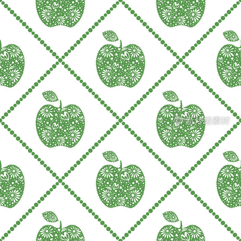 无缝矢量图案，明亮的水果对称背景与绿色装饰观赏苹果和菱形，在白色的背景上。果蔬无缝图案系列。