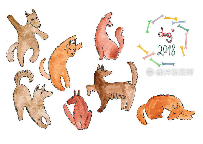 水彩画，一群狗，2018年狗的象征