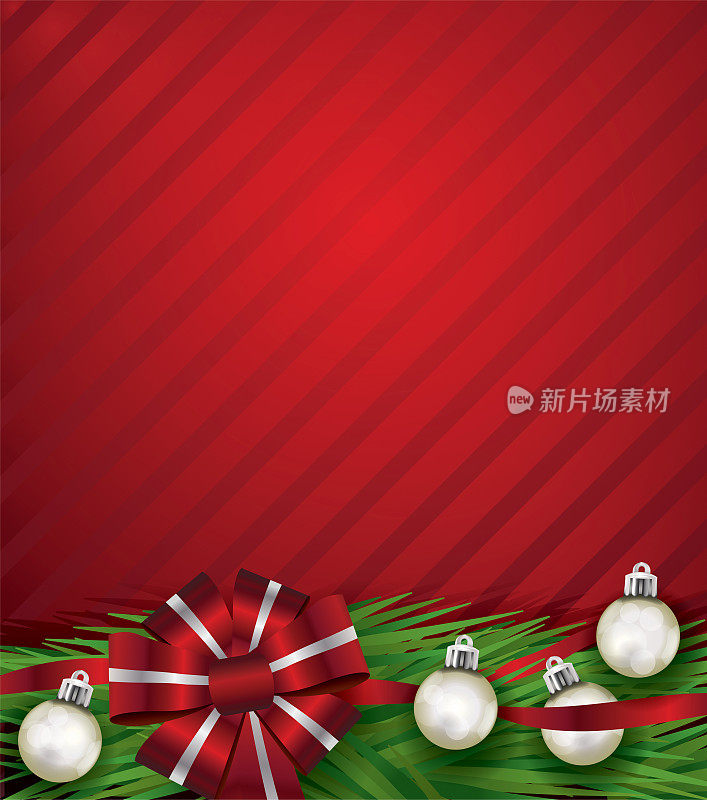 红色圣诞假期弓和银饰背景插图
