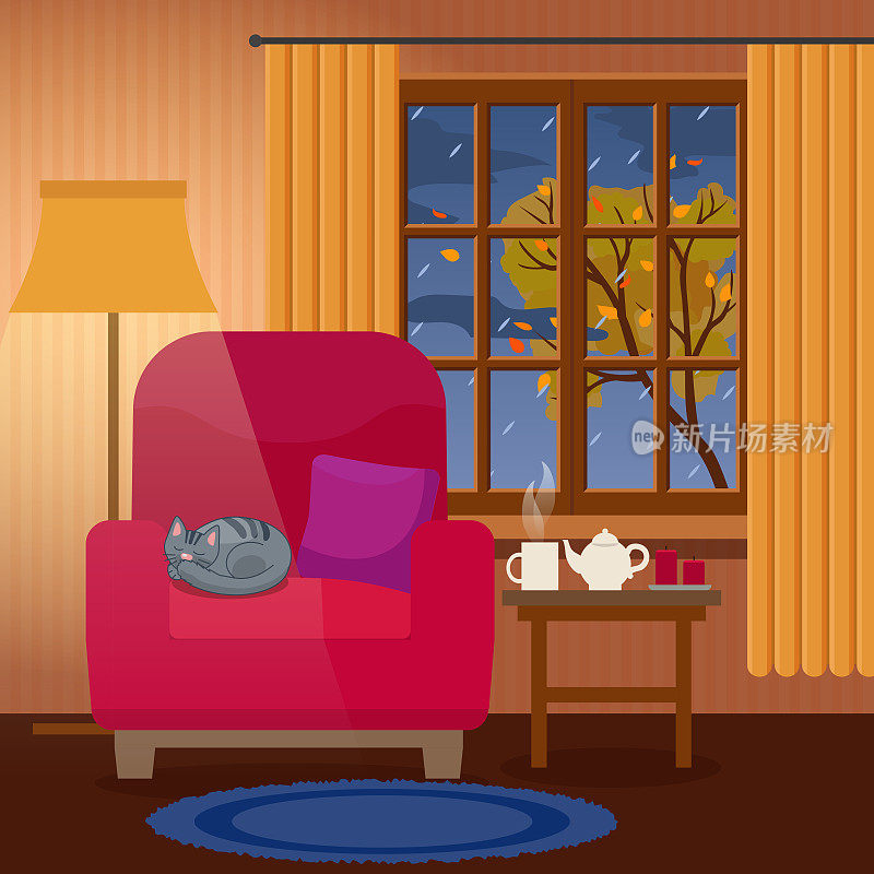 晚上舒适的客厅内部，窗外下雨，猫睡在扶手椅上。平面风格，设计模板
