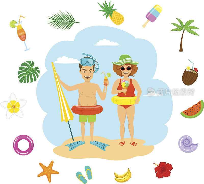 有趣的一对男女穿着泳衣吃冰淇淋喝鸡尾酒度假，夏天的装饰，菠萝，人字拖，热带花卉，棕榈叶，贝壳，冰淇淋，椰子
