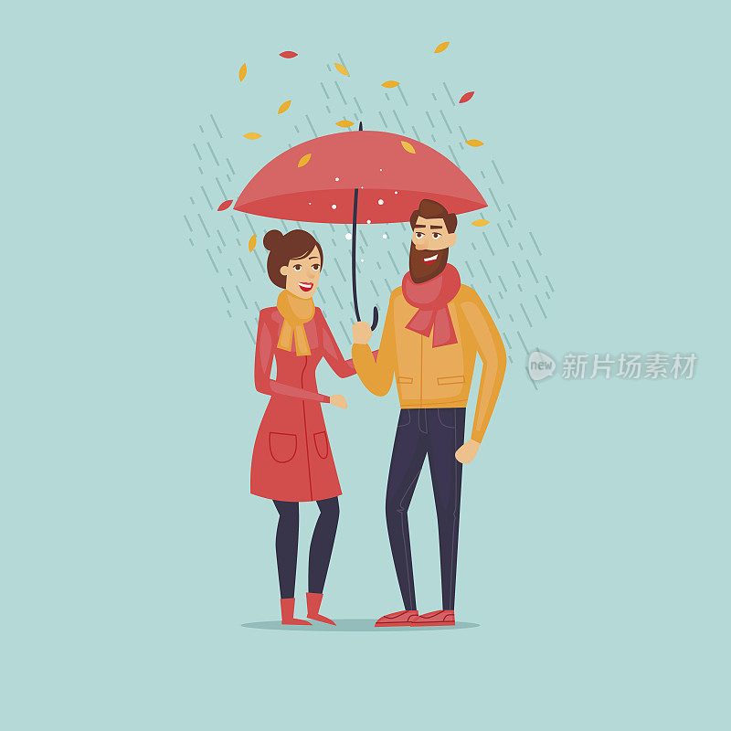 秋夫妇撑着伞在雨中。平面设计矢量插图。