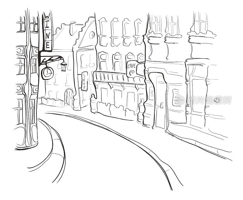 老城区的街道。矢量插图在素描风格。