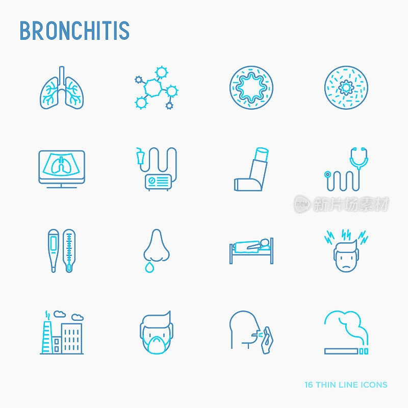 支气管炎细线图示:头痛、肺泡、吸入器、喷雾器、听诊器、体温计、x光片、卧床休息。矢量插图。