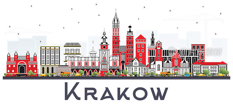 波兰克拉科夫城市天际线与彩色建筑隔离在白色。