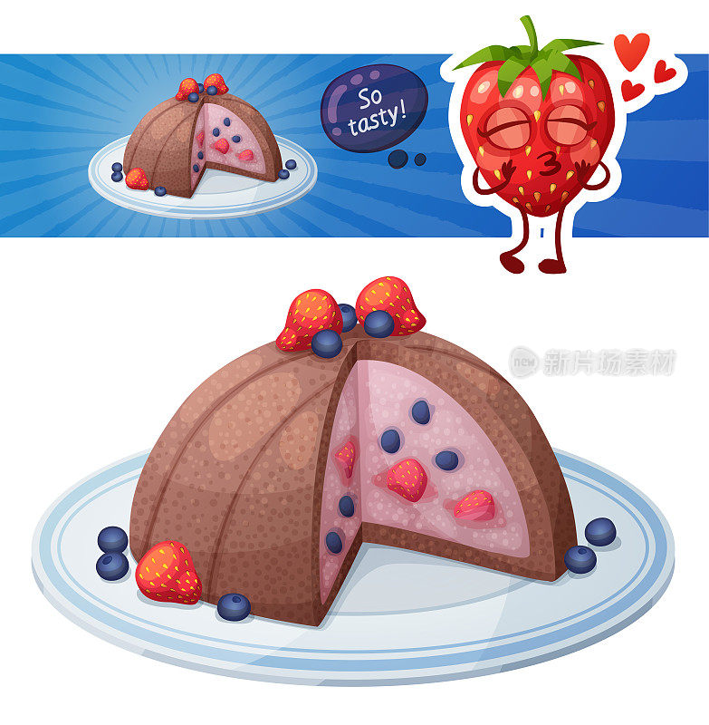 有浆果图标的祖托甜品。卡通矢量插图冷冻蛋糕与草莓和蓝莓