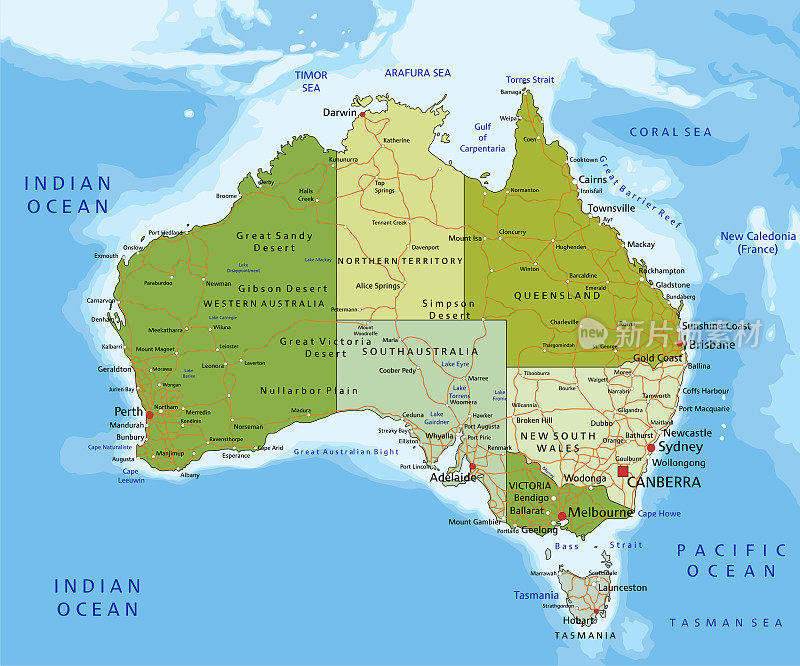 高度详细的可编辑的政治地图与分离的层。澳大利亚。