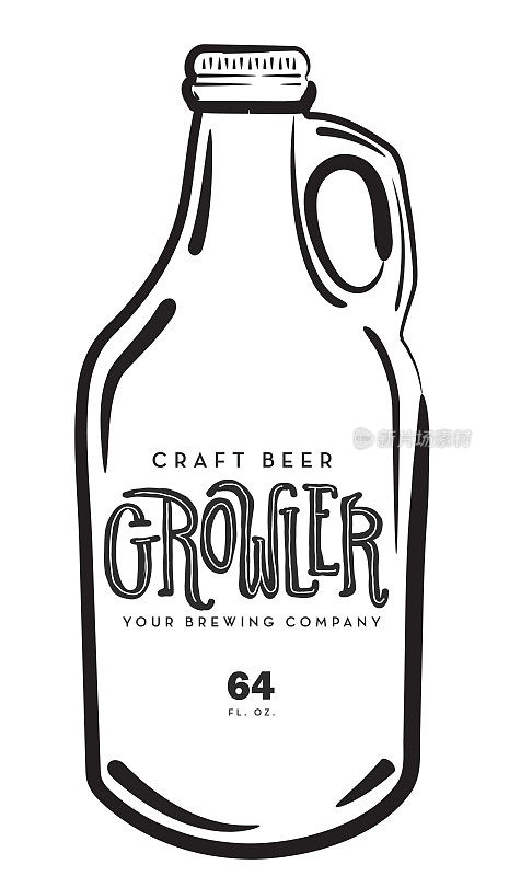 手绘精酿啤酒Growler玻璃罐与样本文本标签