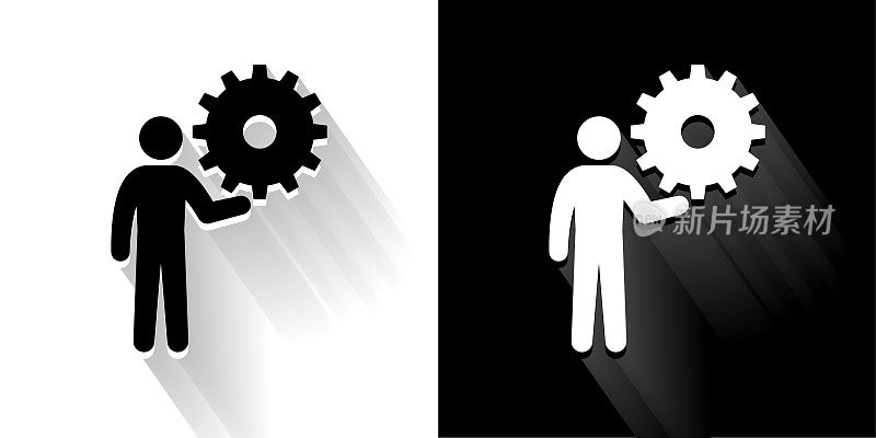 棍图持有齿轮黑色和白色图标与长影子