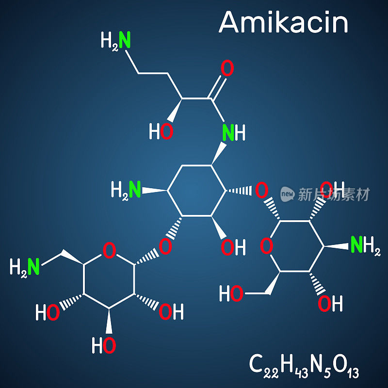 阿米卡星,C22H43N5O13分子。它是氨基糖苷类抗生素，对更耐药的革兰氏阴性菌具有活性。深蓝色背景上的结构化学式