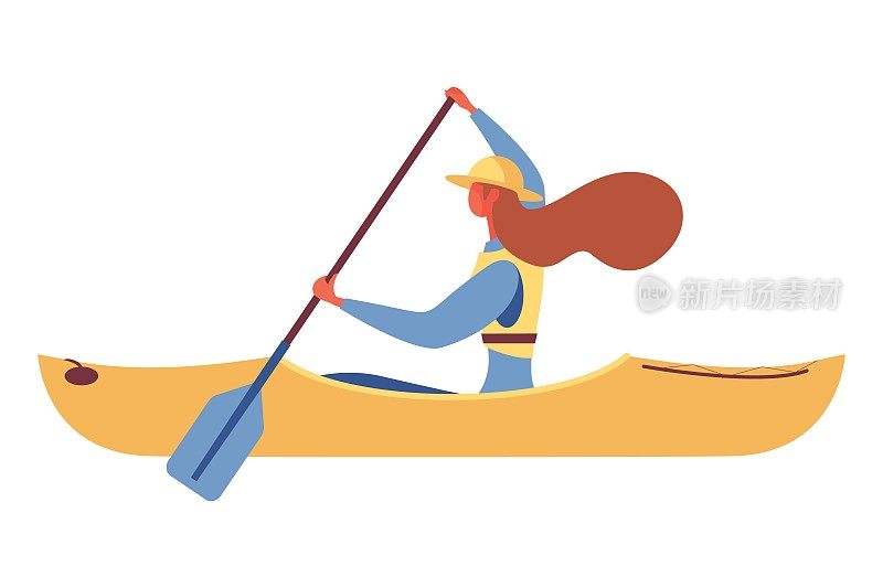 孤立的白人女子划艇用单桨扁平化人物插图户外休闲活动