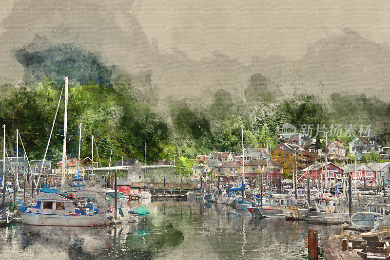 画家转换的图像，一个码头与船只和游艇