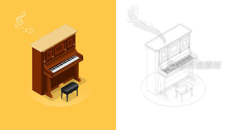 复古立式钢琴的现实等距插图