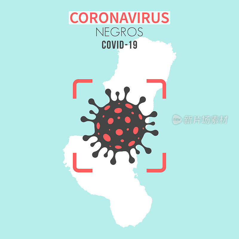 用红色取景器显示冠状病毒(COVID-19)细胞的黑人地图