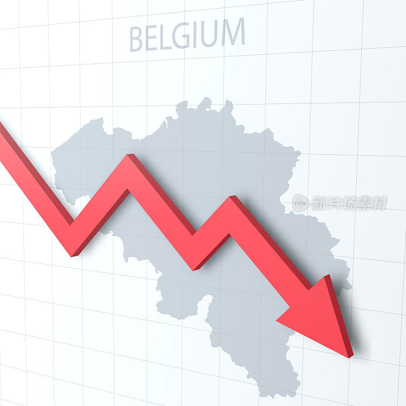 坠落红色箭头与比利时地图的背景