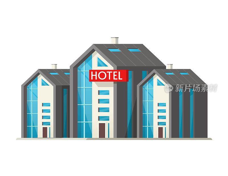生态酒店矢量大建筑孤立在白色背景和大型汽车旅馆在城市城镇平面卡通插图，旅馆正面剪纸