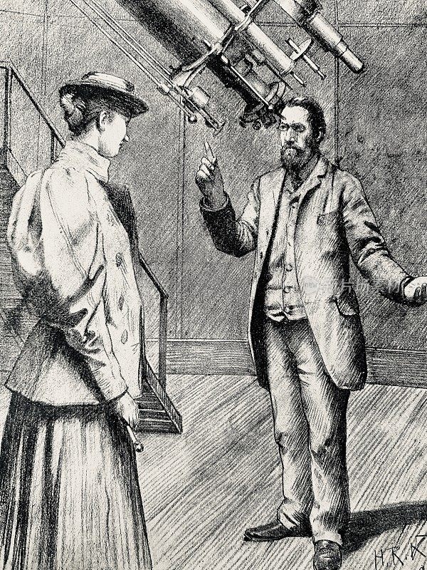 一个看望远镜的男人正在和一个年轻的女人说话