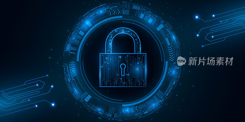 安全锁和科幻用户界面与HUD元素。计算机系统数据的密码保护。发光的蓝色主板电路。矢量插图。