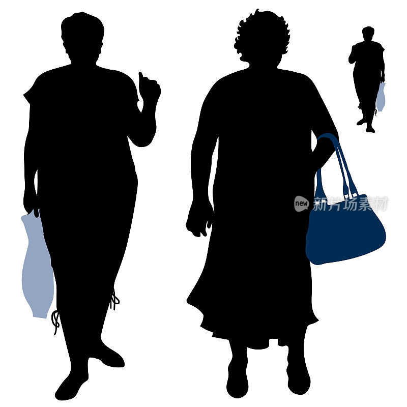 向量黑色女性轮廓完全成长与袋。女性饱满的体格孤立的白色背景的夏天，一个在裙子，另一个在裤子和衬衫。成年女性体型庞大，体重超标
