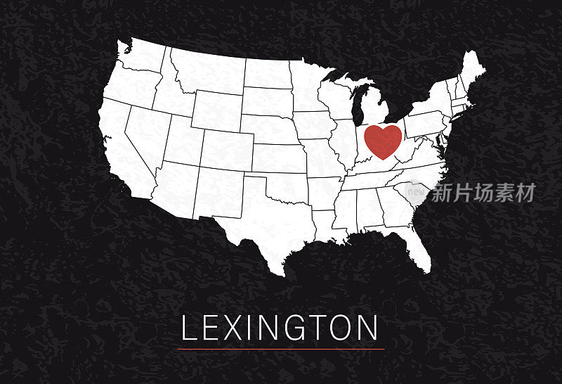 爱列克星敦的画面。以心脏为城市点的美国地图。向量股票插图