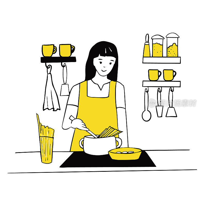 年轻女子在厨房做饭。在大锅里煮意大利面。健康饮食。线条艺术，矢量插图