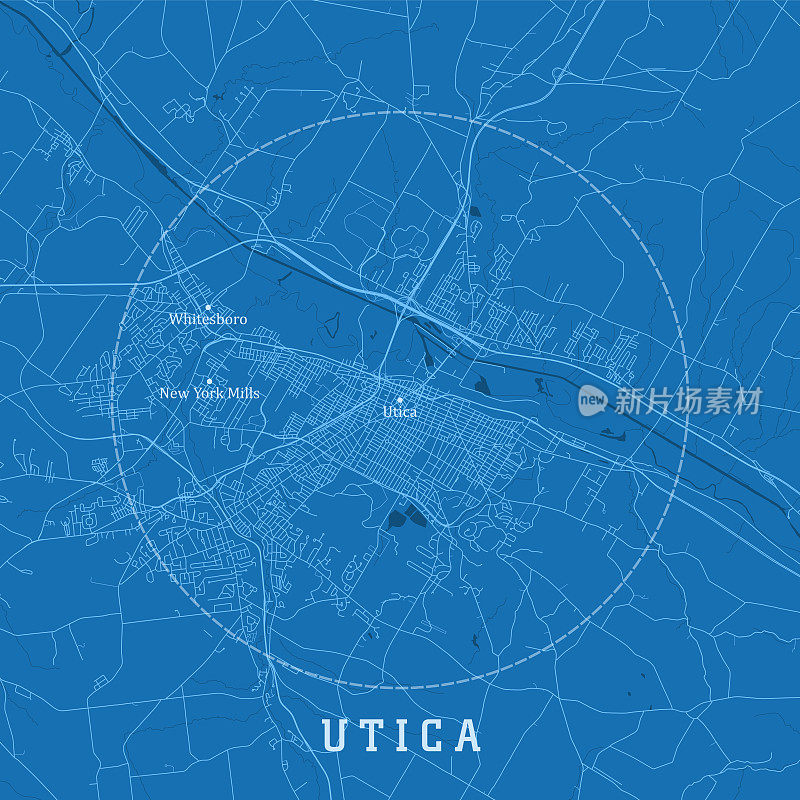 尤蒂卡纽约城市矢量道路地图蓝色文本