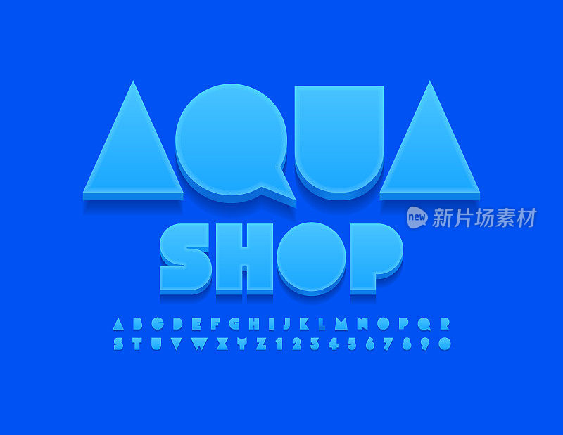 向量蓝色标志Aqua商店与创造性的一套字母和数字