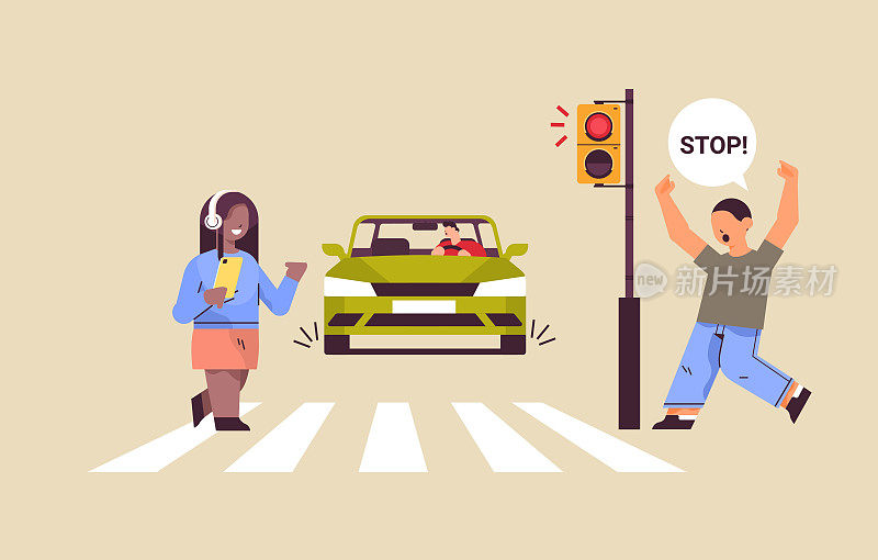 女生带着智能手机和耳机过马路时遇到红灯，司机立即停车，道路安全