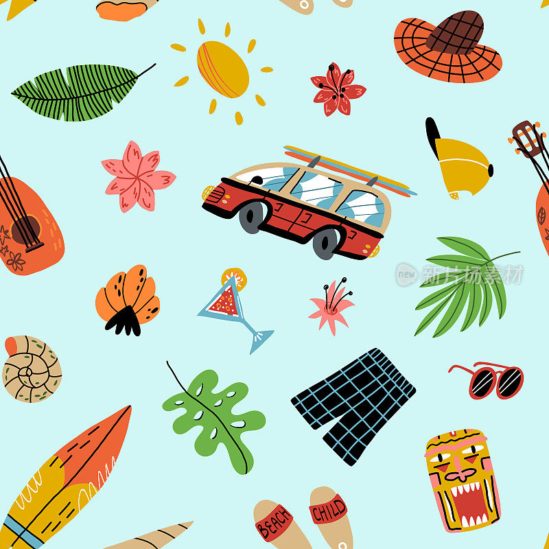 夏威夷故事可爱无缝图案在天蓝色的背景。异国情调的花朵，棕榈叶，带有冲浪板的复古巴士，提基面具，贝壳，太阳镜，泳裤，人字拖，帽子和尤克里里琴