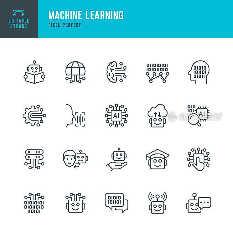 机器学习-细线向量图标集。像素完美。可编辑的中风。该集合包含图标:人工智能，机器人，计算机语言，大数据，数字轮廓，人工智能研究，神经网络。