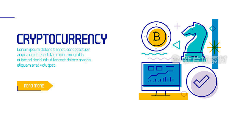 加密货币相关设计元素。带有轮廓图标的图案设计。色彩斑斓的矢量图